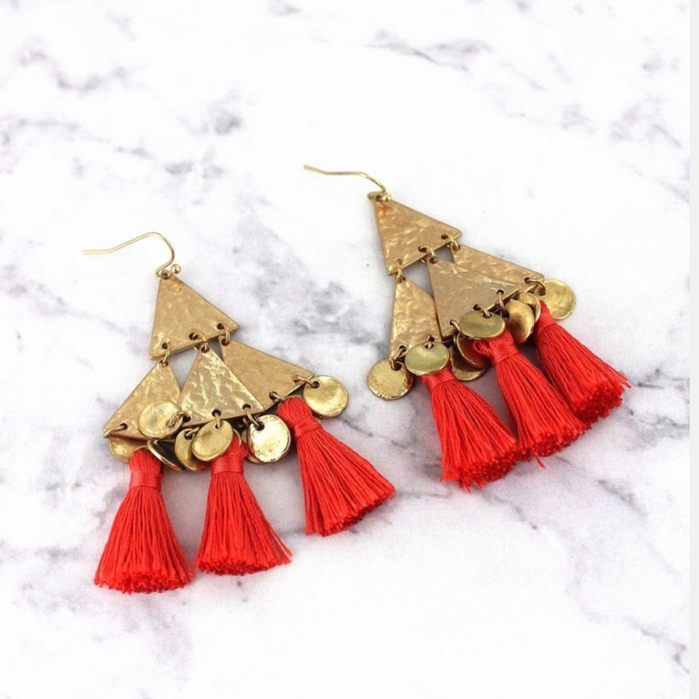 Boho, gold tone, orange tassel earrings